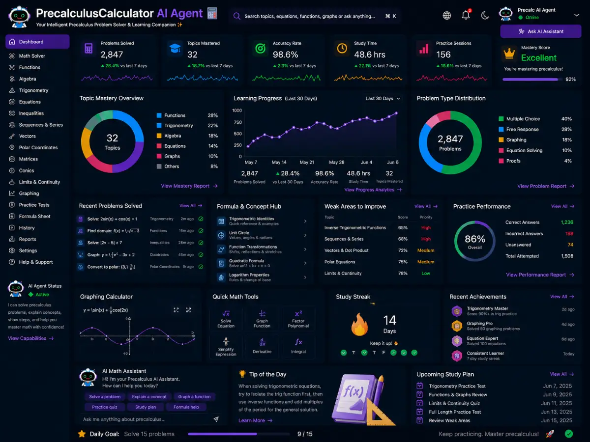 precalculuscalculator.app AI precalculus calculator agent app — precalculus calculator dashboard preview